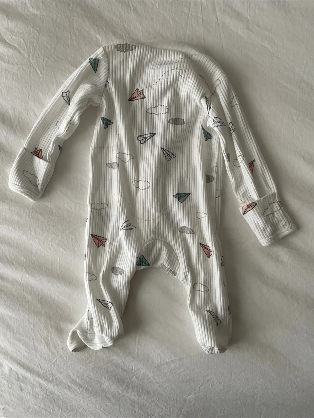 Carter's White Ribbed Footed One-Piece with Teal and Coral Paper Airplanes